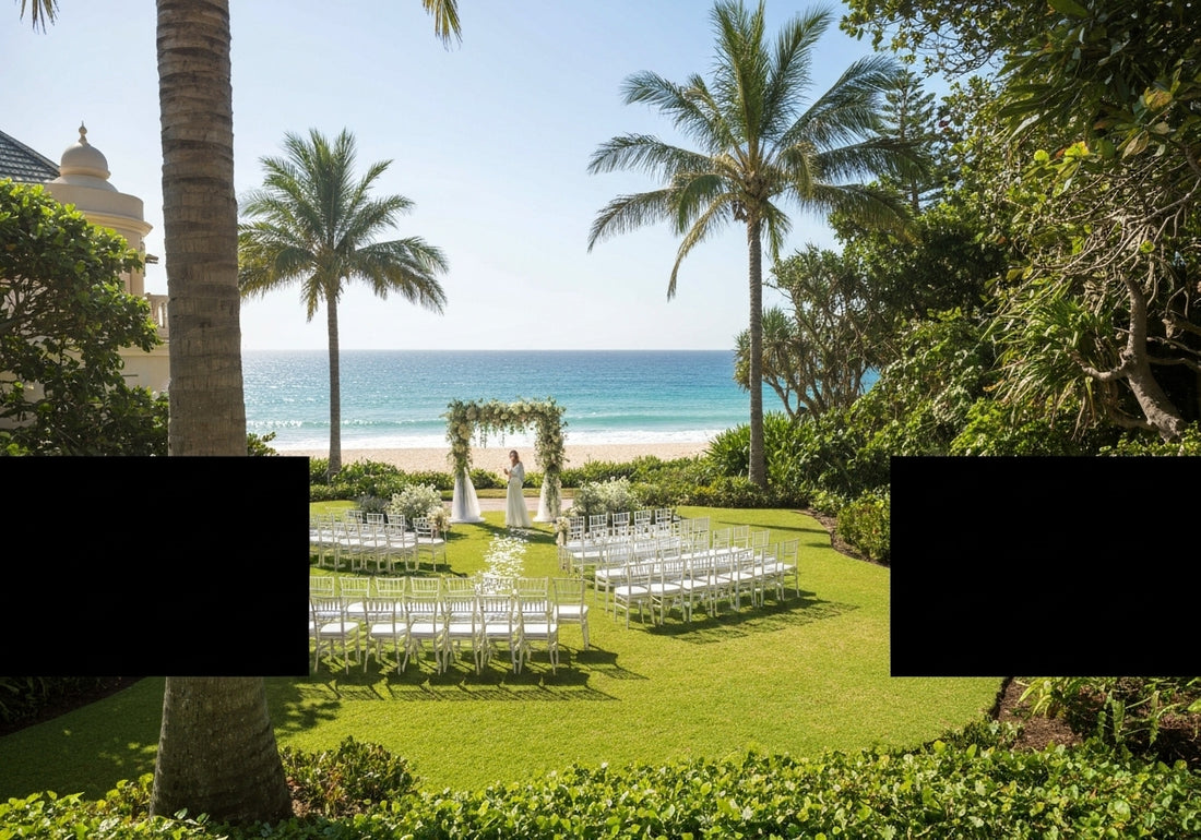 A beautiful Gold Coast wedding venue set by the ocean with elegant seating and floral decorations, surrounded by lush gardens and palm trees.