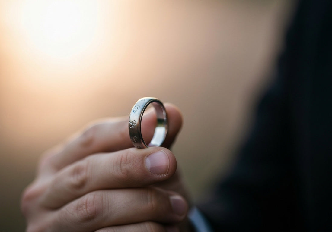 A man's hand holding a wedding ring with delicate engravings, symbolizing personal and meaningful customization.