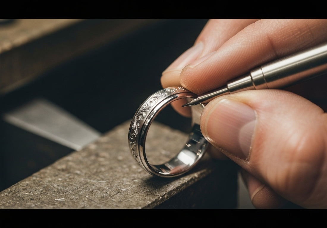 A close-up of a jeweler inscribing a men's wedding ring with intricate designs, emphasizing craftsmanship and personalization.