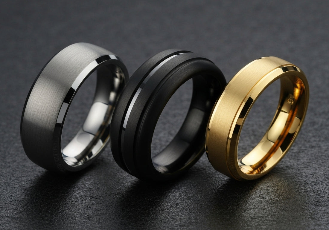 Close-up of various men's wedding rings made from tungsten, titanium, platinum, and gold, displayed on a dark reflective surface.