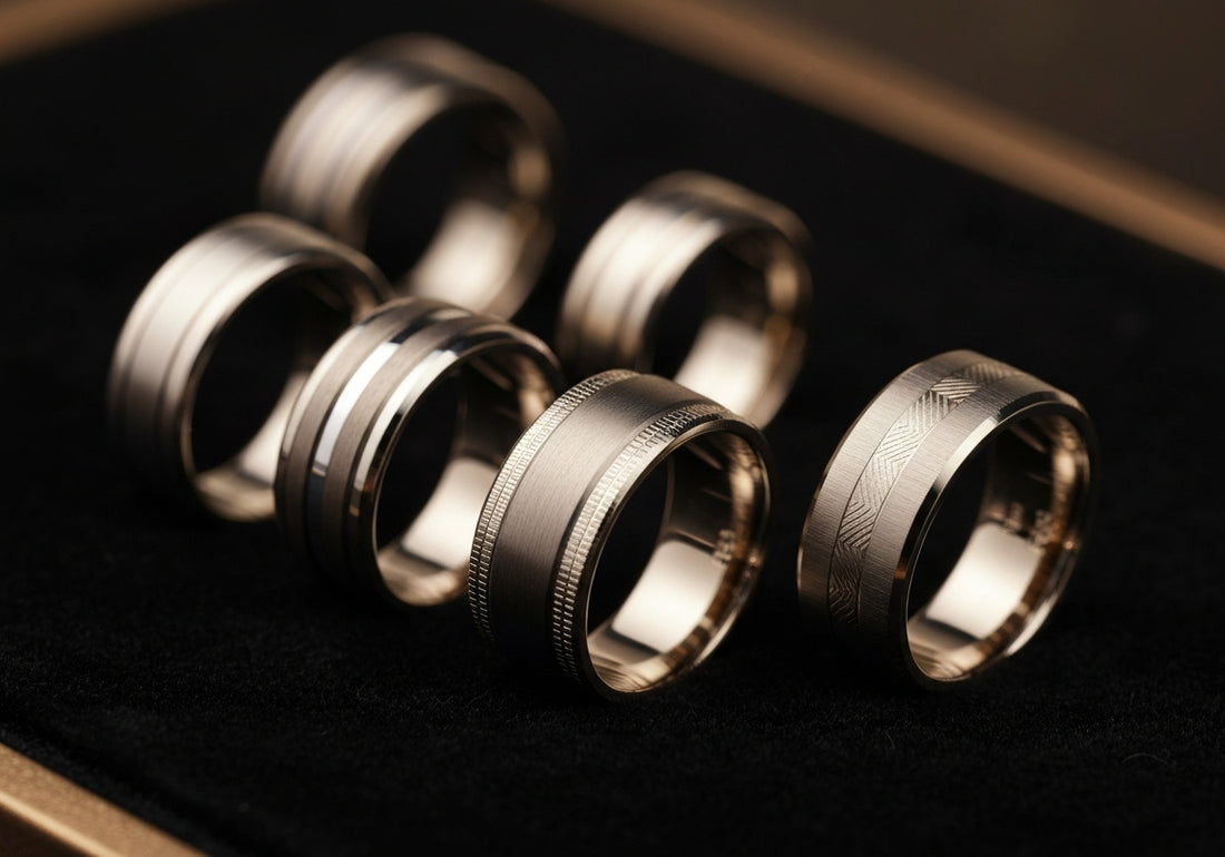 Close-up of different men's wedding rings in various widths and thicknesses, displayed side by side on a neutral background to highlight the range of styles and materials.