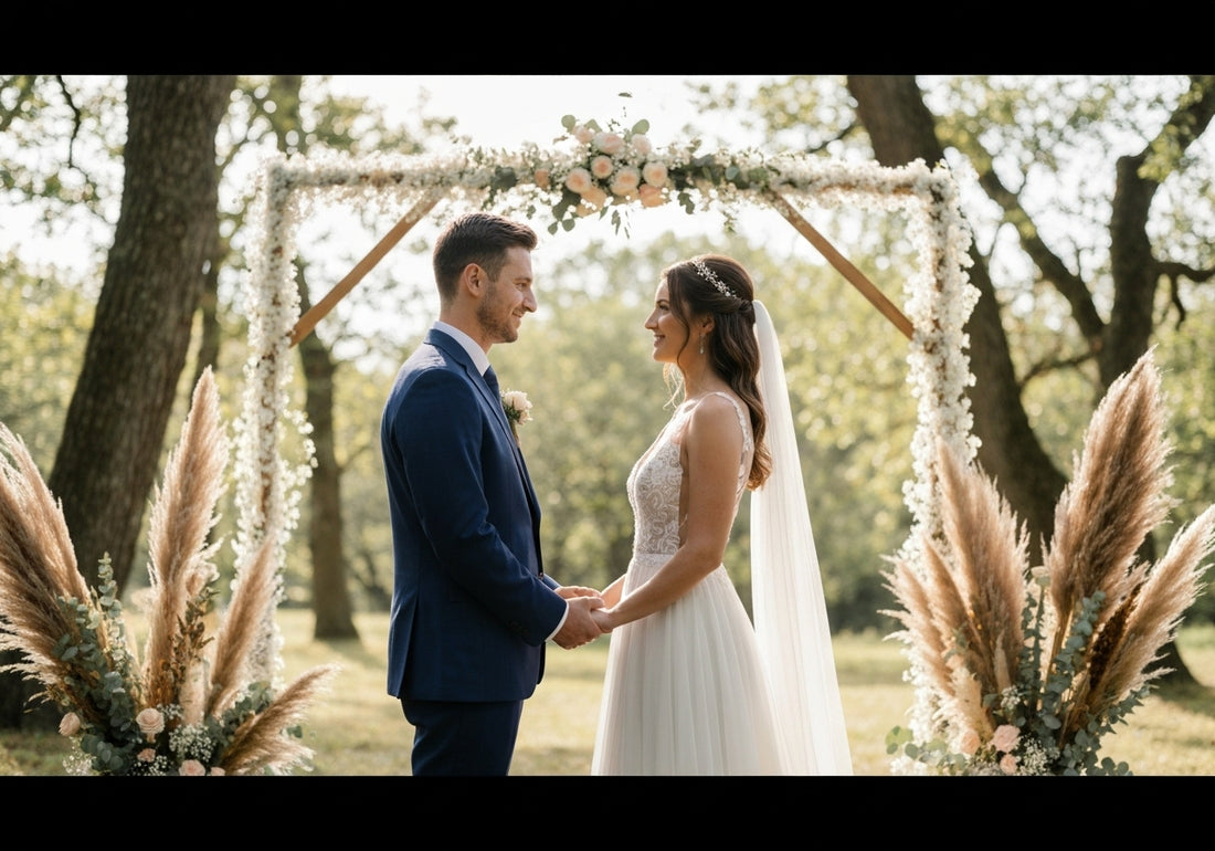 Bride and groom holding hands under a floral arch during an intimate outdoor wedding ceremony.