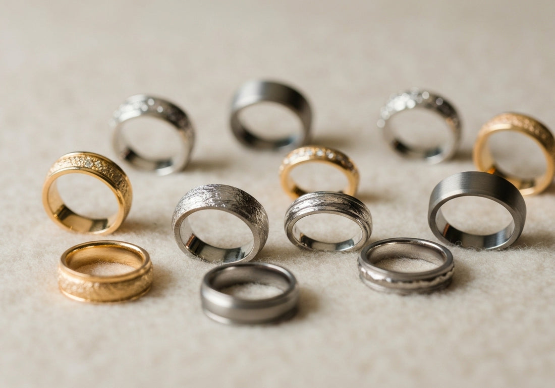 Close-up of men's wedding rings made from various metals including gold, platinum, titanium, and tungsten, arranged on a neutral background.