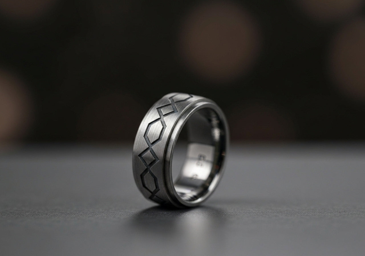 A custom-designed men's wedding ring with distinctive details, symbolizing individuality and modern style.