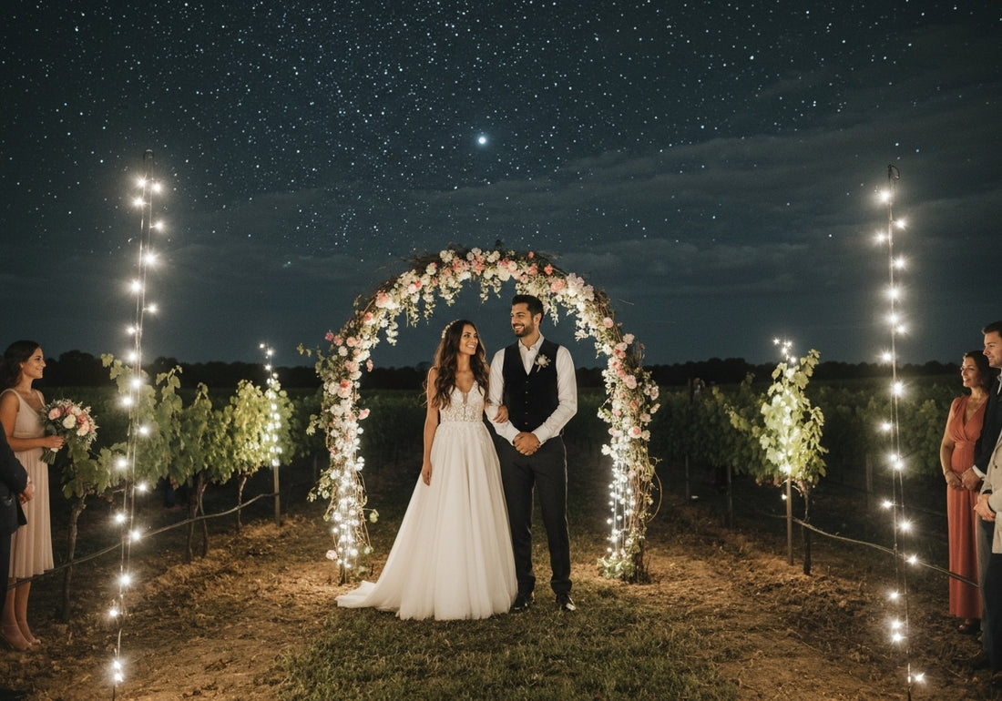 A romantic outdoor wedding setup in the Yarra Valley, with a floral arch, white chairs, and sprawling vineyards in the background at sunset.