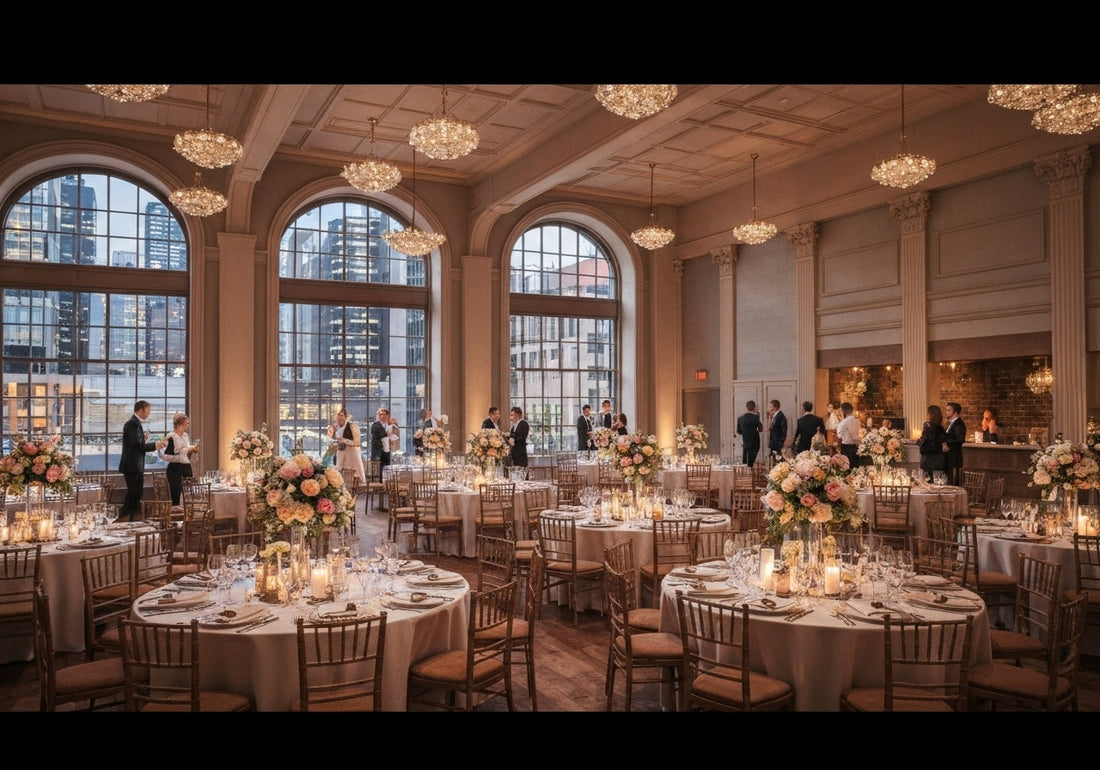 A chic Melbourne inner city wedding venue with elegant decor, city skyline views, and festive celebration ambiance.