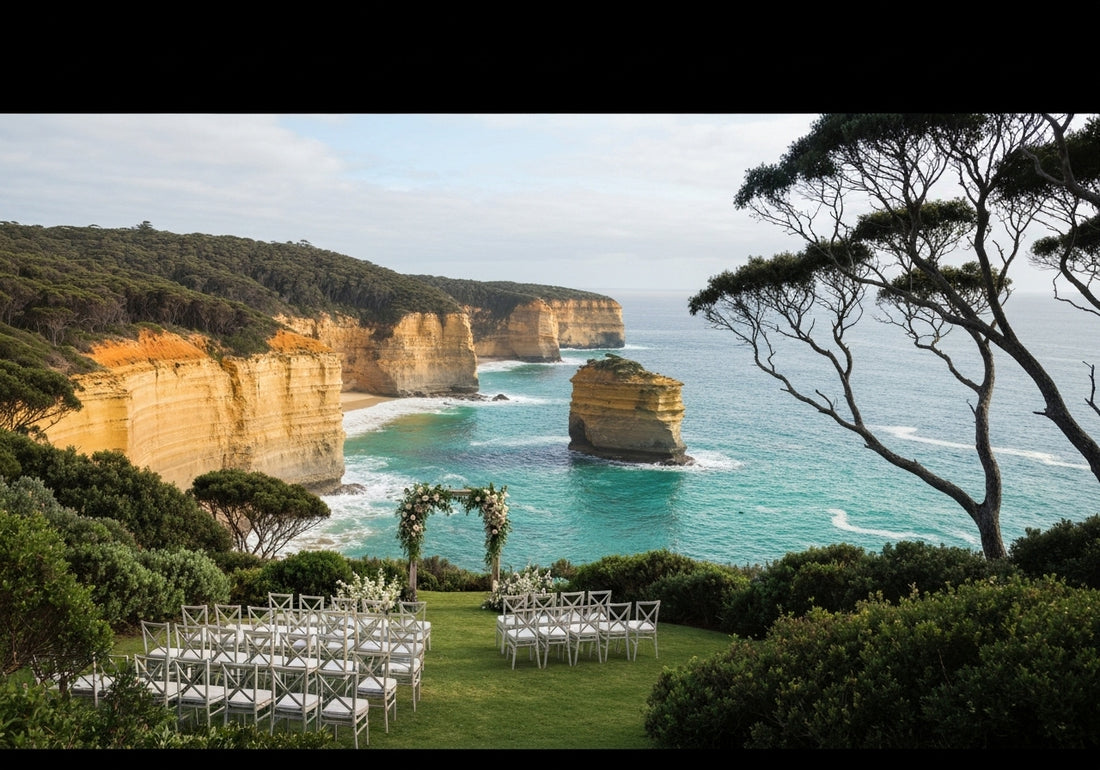 An elegant outdoor wedding setup on a cliffside with ocean views, lush greenery, and floral decorations in the Great Ocean Road region.