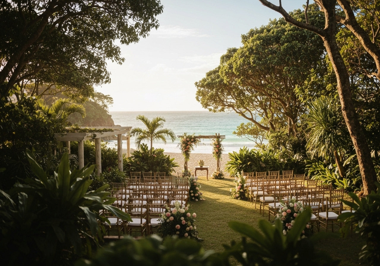 A beautiful outdoor wedding venue in Byron Bay, surrounded by lush greenery, tropical plants, and views of a sandy beach with the ocean in the background.