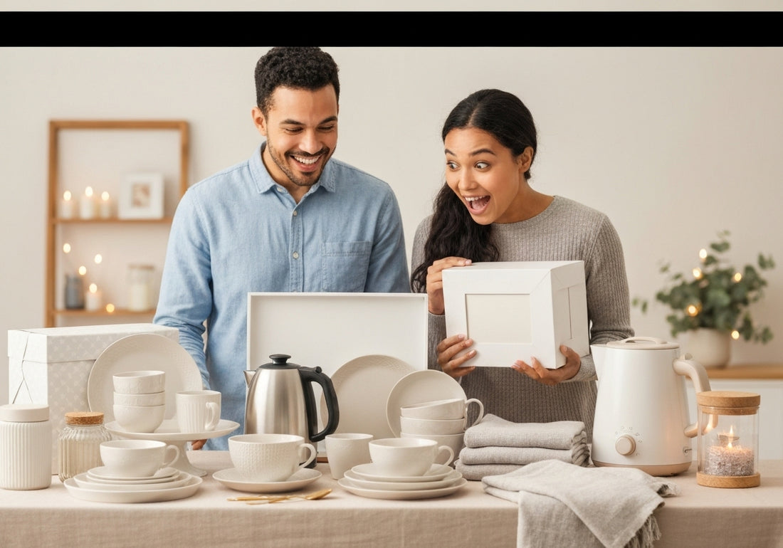 A happy couple selecting from a variety of wedding gifts, including dinnerware, appliances, and home decor, in a romantic and joyful setting.