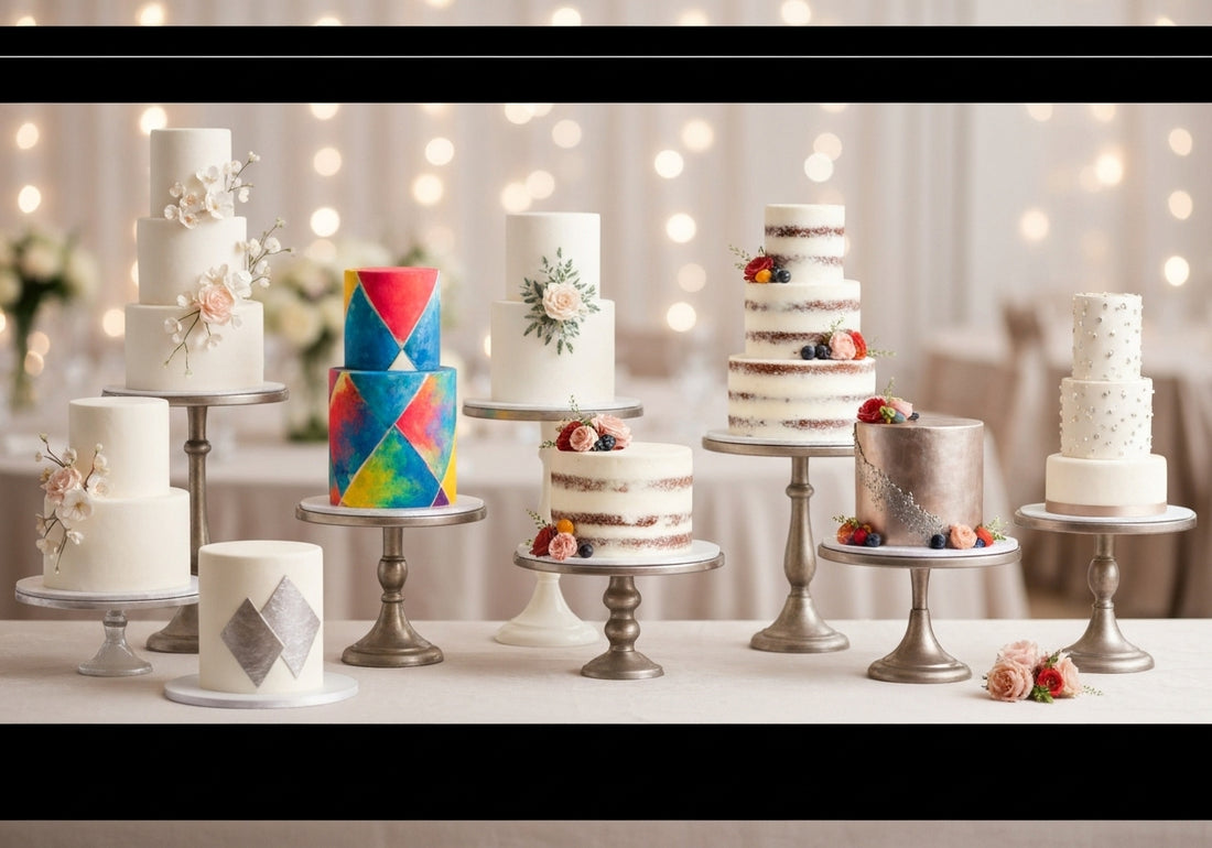 A stylish assortment of trendy wedding cakes featuring different modern designs, colors, and decorative elements, arranged on elegant cake stands at a wedding reception.