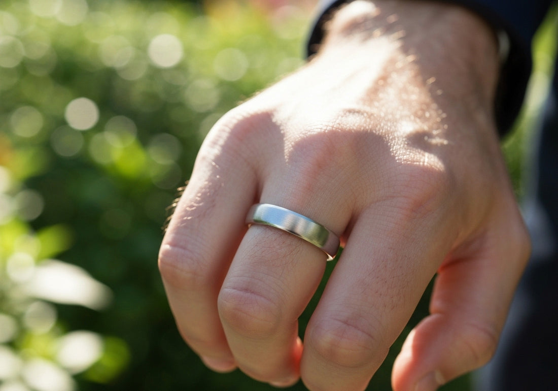 A man's hand wearing a gold wedding band, gently holding his partner's hand, symbolizing love, unity, and tradition.