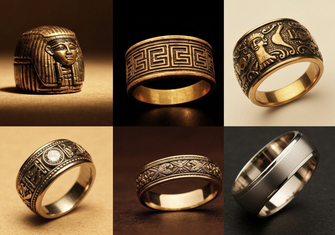 A timeline-style collage showcasing men's wedding rings from ancient Egypt, Greece, medieval times, Victorian era, and the modern day.