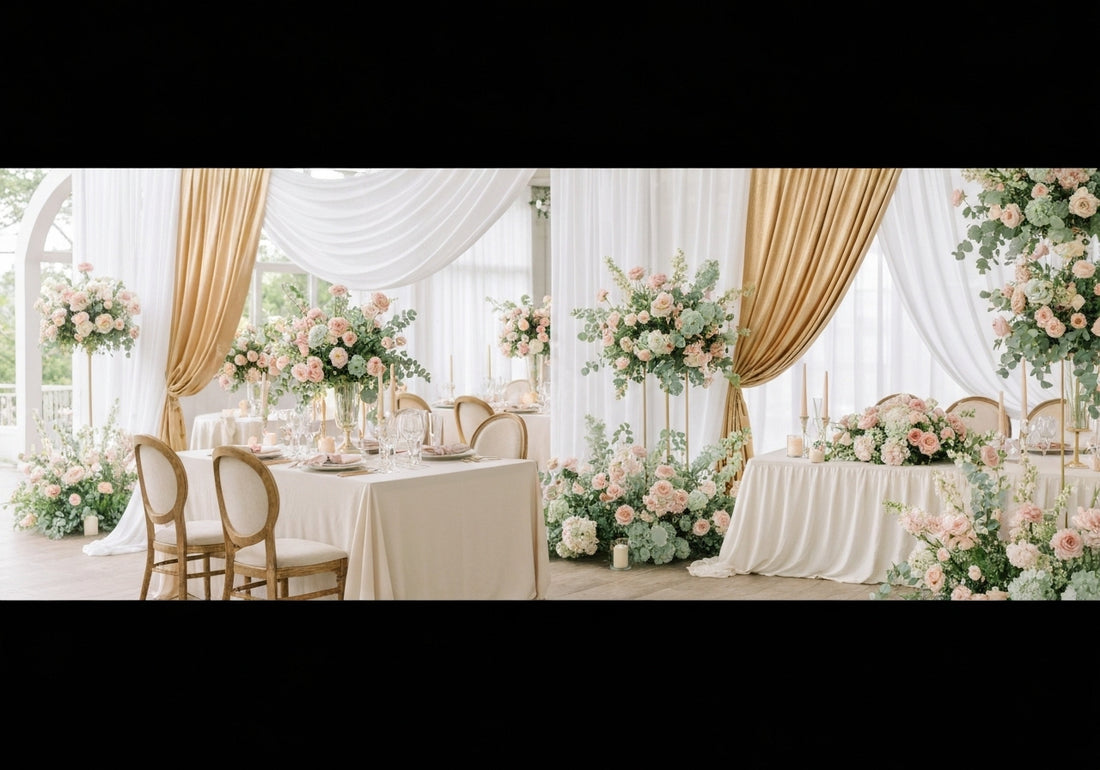 Elegant wedding scene featuring harmonious pastel decorations, flowers, and table settings, offering inspiration for wedding color schemes.