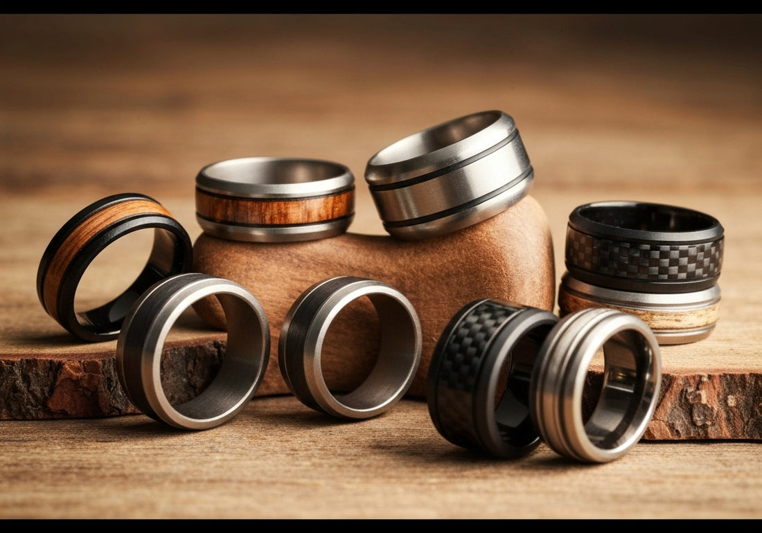 A selection of unique men's wedding rings made from wood, titanium, tungsten, ceramic, carbon fiber, and antler, artistically arranged on a wooden surface.