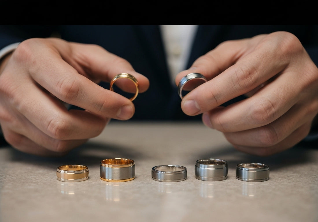 A man's hands holding different styles of men's wedding rings, displayed elegantly on a smooth surface.