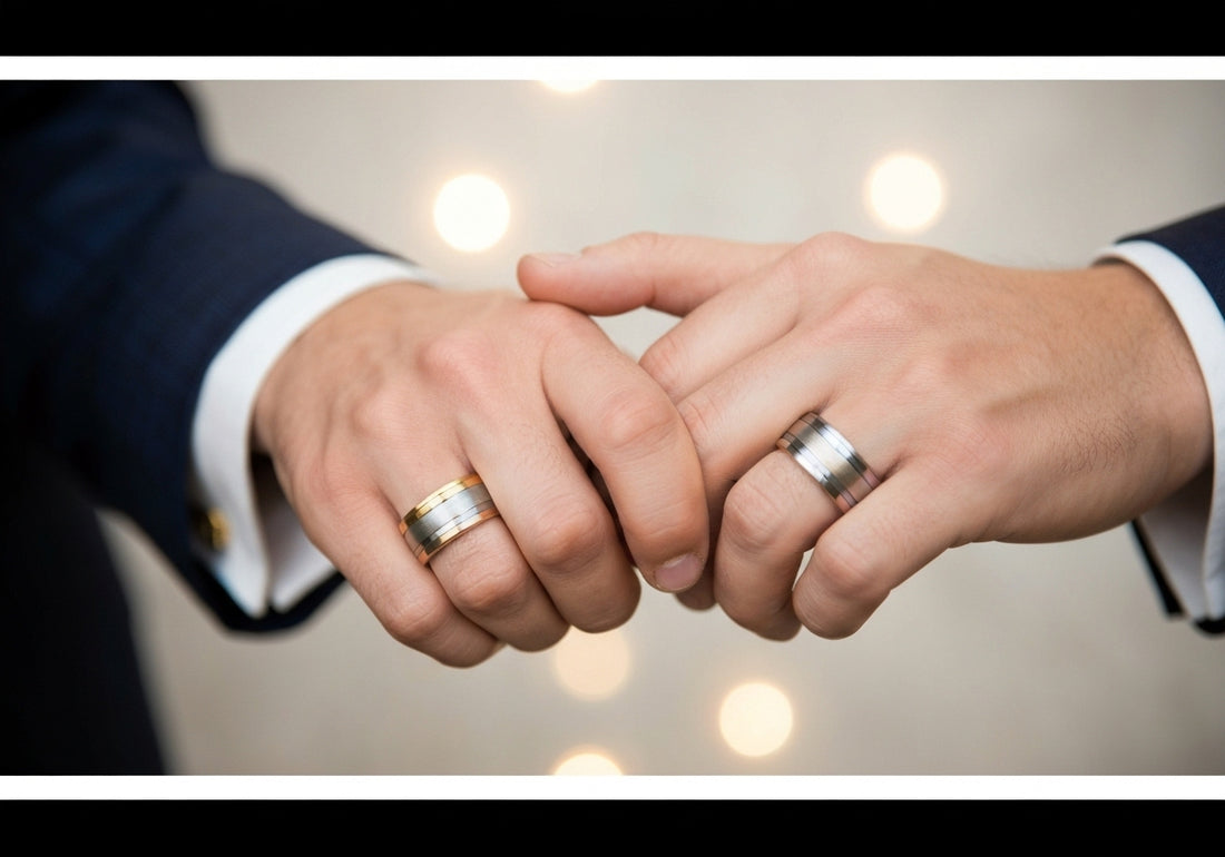 Two men's hands wearing matching wedding rings, gently holding each other in a romantic setting.