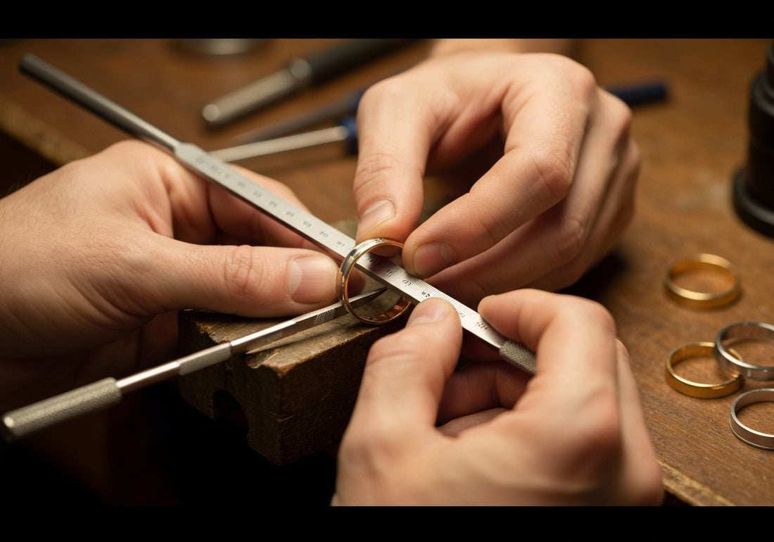 A jeweler resizing a men's wedding ring using specialized tools on a workbench, illustrating the process involved in adjusting ring size.