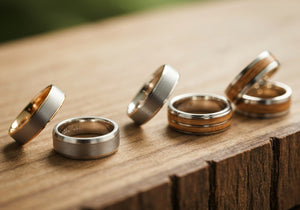 A selection of sustainable and fair trade men's wedding rings made from recycled metals and ethical materials, arranged on a wooden surface in soft natural light.