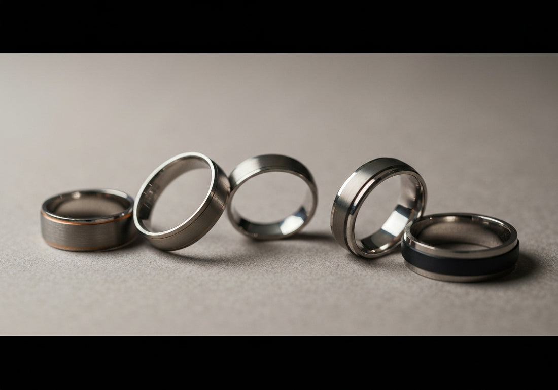 A selection of men's wedding rings crafted from hypoallergenic materials like titanium, platinum, and ceramic, displayed on a neutral background.