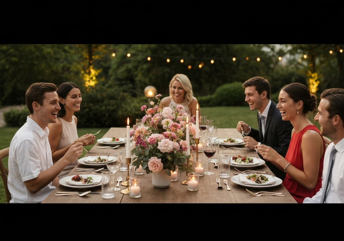 A festive outdoor wedding rehearsal dinner with guests gathered around a beautifully decorated table, sharing joyful moments in a warm, celebratory setting.