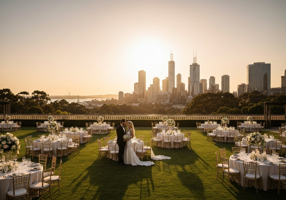Elegant wedding venue in Cremorne, Melbourne, with decorated tables, floral arrangements, and a city backdrop.