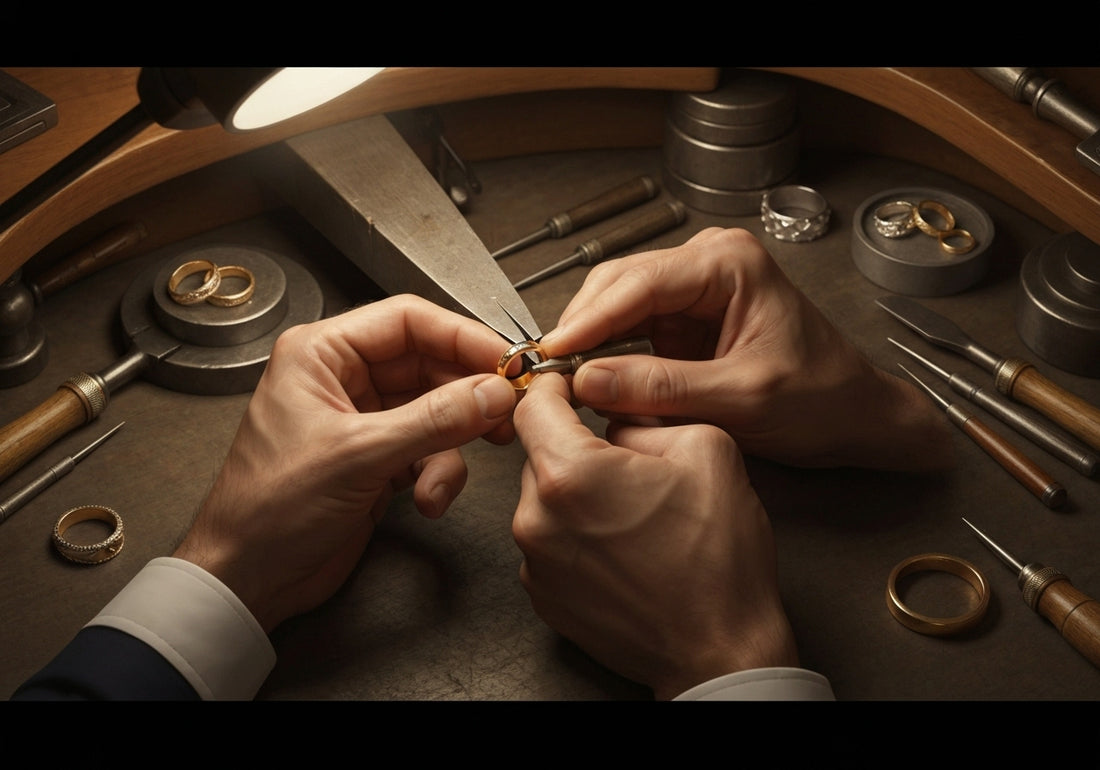 An artisan's hands crafting a men's wedding ring using traditional tools at a jeweler's workbench, highlighting the intricate craftsmanship involved.