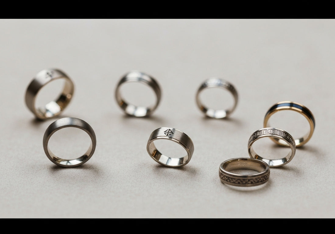 A selection of men's wedding rings in various styles and metals, representing diverse religious and cultural influences, displayed elegantly on a neutral background.