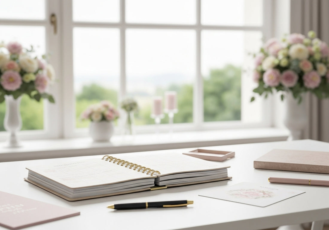 A wedding planning workspace with an open planner, floral decorations, wedding invitations, fabric swatches, and rings, all arranged neatly on a desk.
