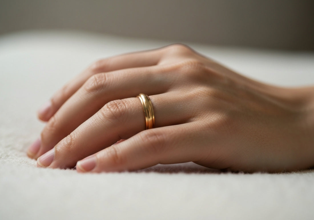 A close-up of a hand wearing a gold wedding ring, symbolizing love and commitment.