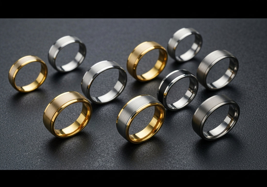 Assorted men's wedding rings made from gold, platinum, tungsten, and titanium, arranged elegantly on a dark surface.