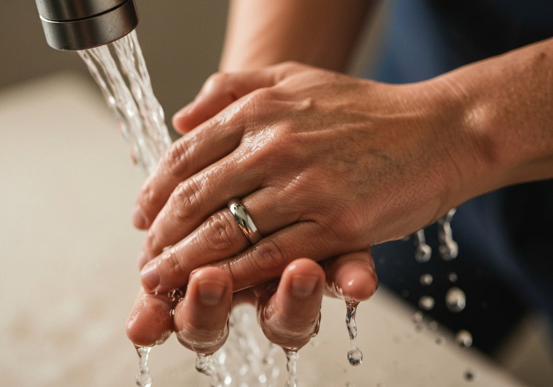 Close-up of hands with a wedding ring being washed carefully under running water in a bathroom sink.
