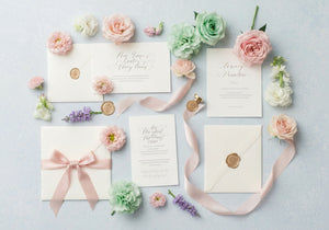 Elegant flat lay of wedding invitations with calligraphy, pastel flowers, and decorative elements on a light background.