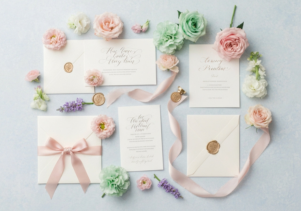 Elegant flat lay of wedding invitations with calligraphy, pastel flowers, and decorative elements on a light background.