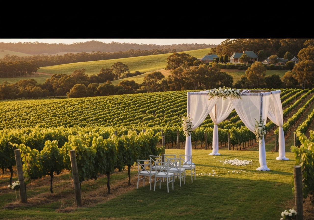 A stunning outdoor wedding setup in a Barossa Valley vineyard with lush green vines, rolling hills, and elegant decorations under golden sunlight.