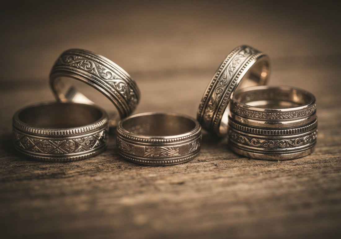 A collection of vintage men's wedding rings with antique designs and intricate details, displayed on a rustic wooden surface.
