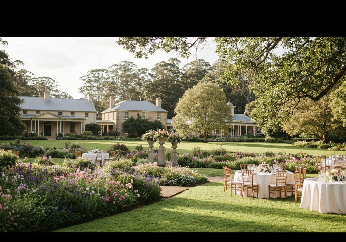 Scenic Bowral wedding venue with charming gardens, a historic manor house, and elegant outdoor decorations in a picturesque Southern Highlands setting.
