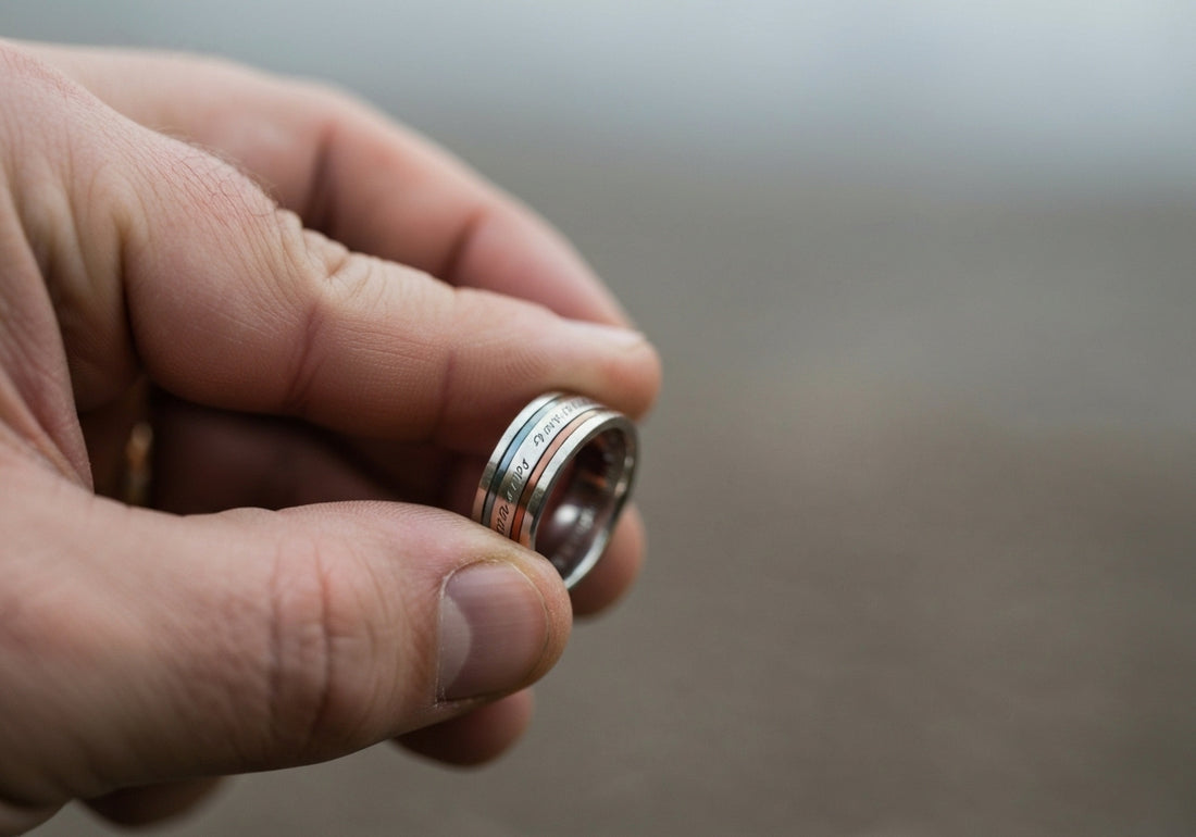 A close-up of a hand holding a personalized men's wedding ring, showcasing custom engravings and unique design elements.