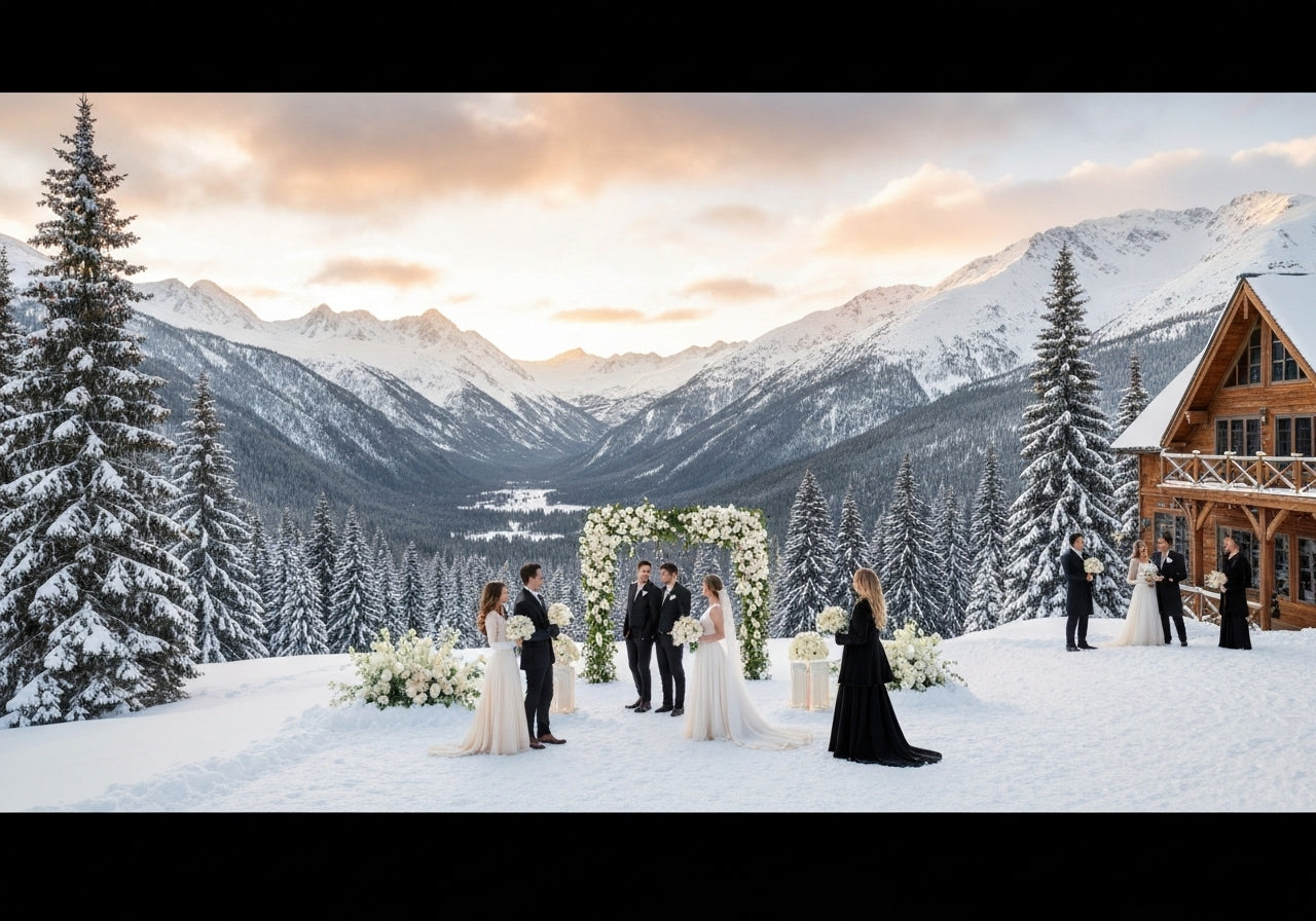 Breathtaking winter wedding venue in the Snowy Mountains with an elegant alpine lodge, snow-covered trees and peaks, romantic outdoor arch, and joyful guests amidst a magical snowy backdrop.