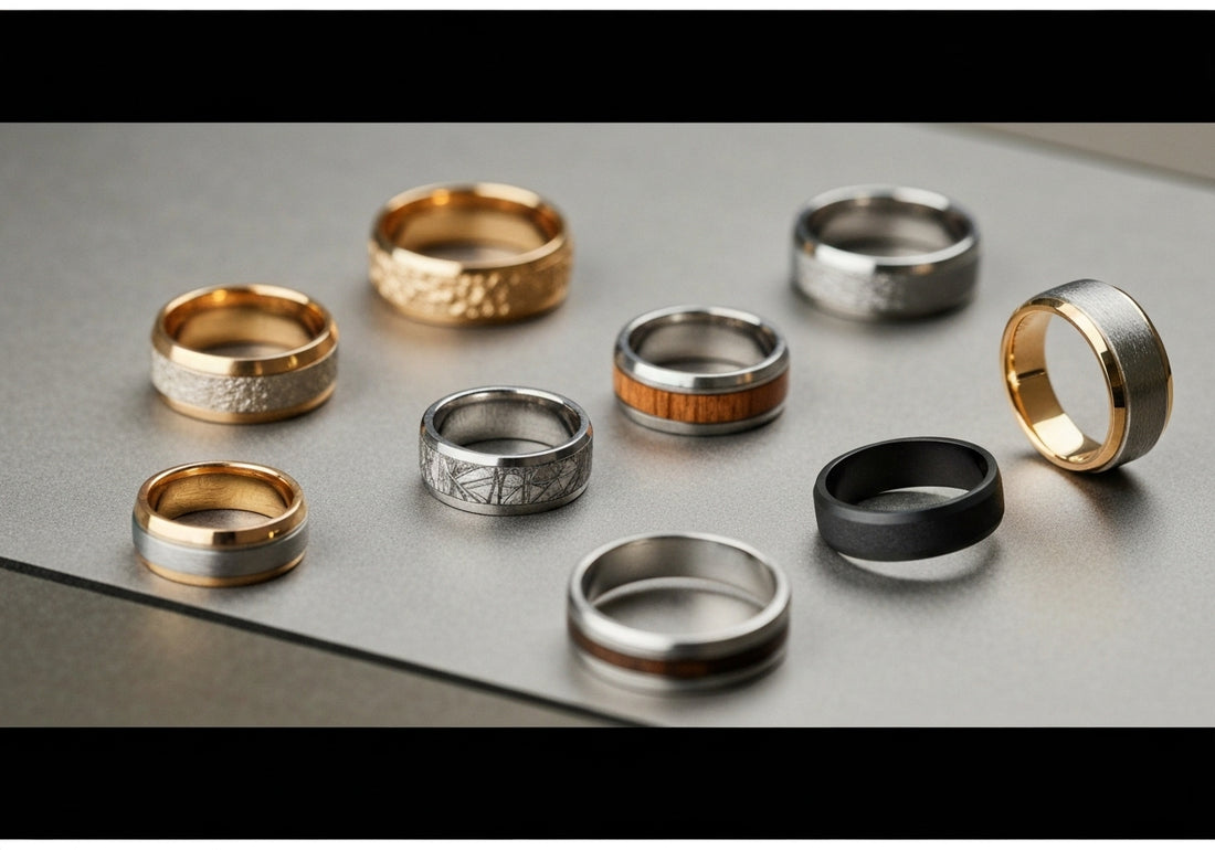A selection of modern and classic men's wedding rings in different styles and materials, artfully arranged on a sleek surface.