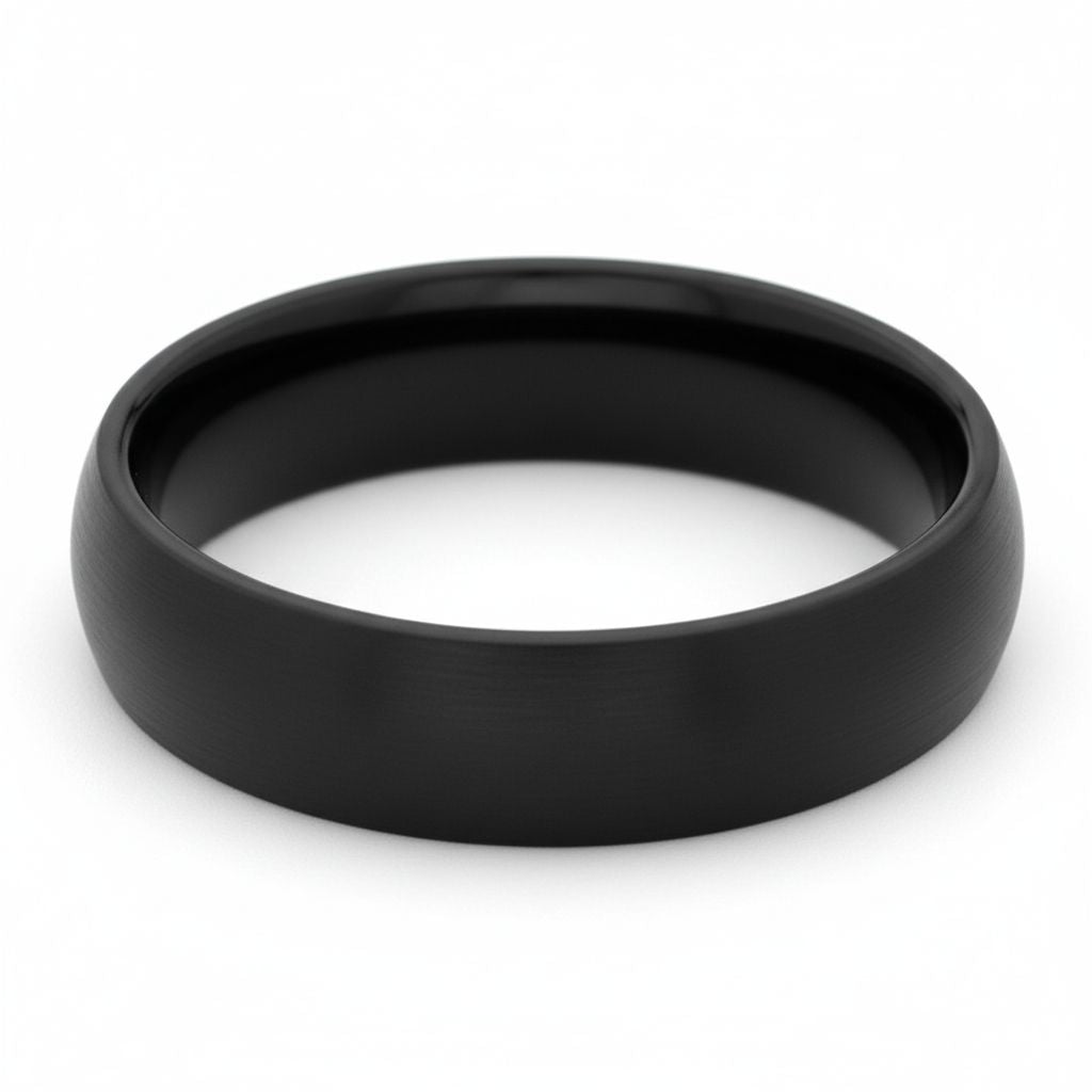 Black tungsten wedding ring on a white background.